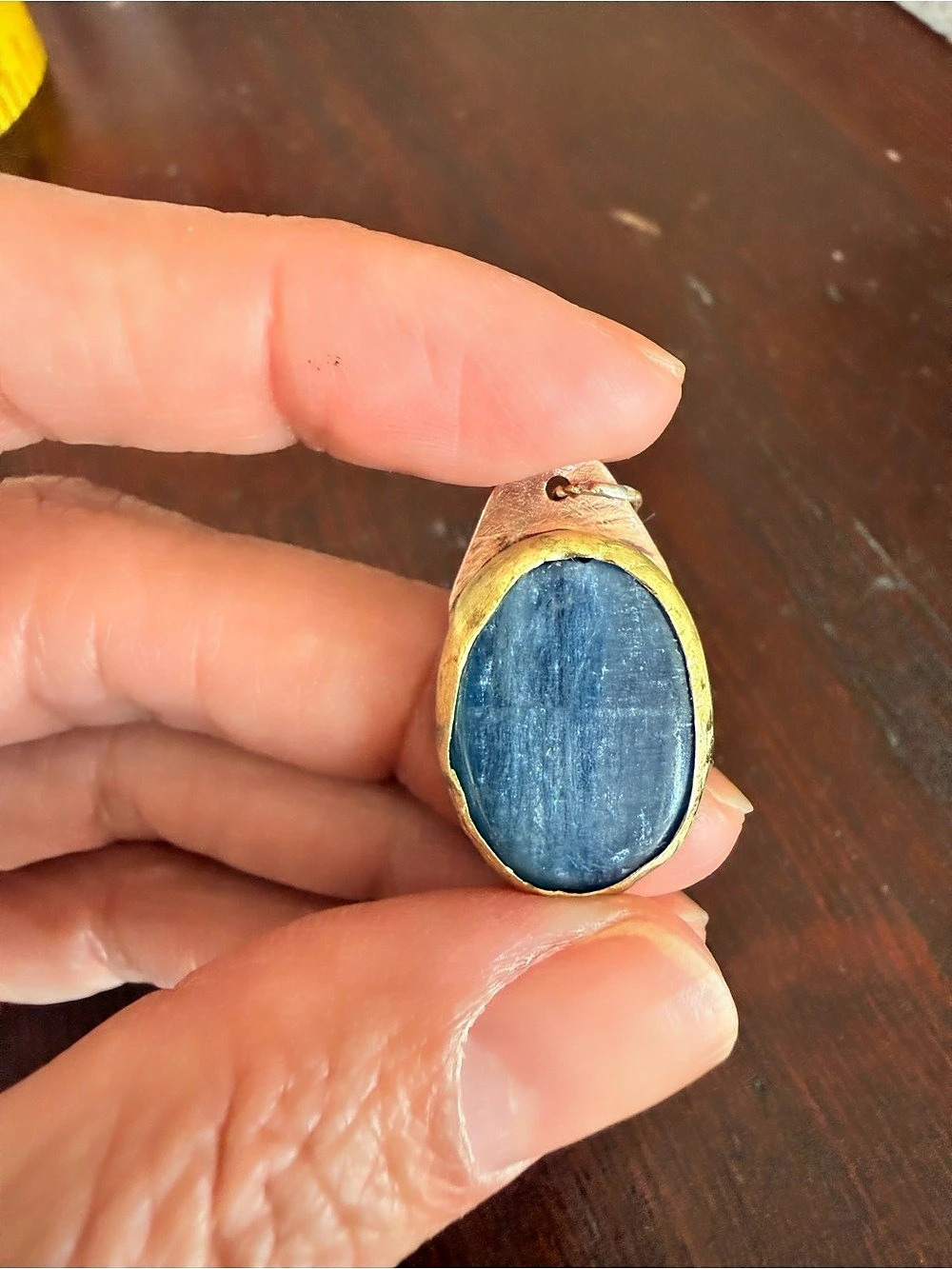 Blue Kyanite Pendant mixed metals/copper and brass